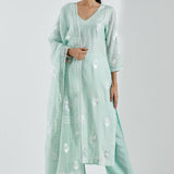 Printed Light Blue Kurti Set With Silver Floral Design