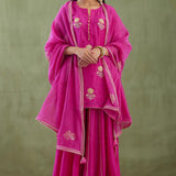 Dark Pink Kurta Sharara Set With Gold Lace Work Bottom