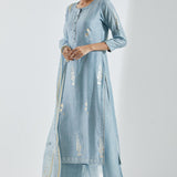 Printed Light Blue Kurti Set With Golden And Silver Floral Design