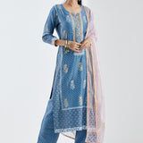 Blue Cotton Silk Ethnic Suit Set With Subtle Floral Design
