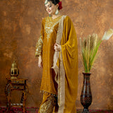 Mustard Gold Velvet Embroidered Kurti Set