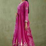 Dark Pink Cotton Silk Anarkali Suit Set With Floral Design