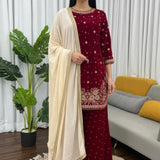 Deep Maroon Velvet Embroidered Kurti Set
