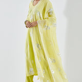 Printed Lime Green Kurti Set With Silver Floral Design