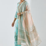 Light Blue Cotton Silk Ethnic Suit Set With Subtle Floral Design