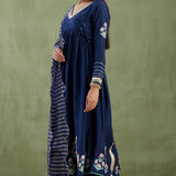 Dark Blue Cotton Silk Anarkali Suit Set With Floral Design