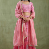 Floral Printed Pink Chanderi Lehenga Set