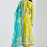 Lemon Yellow Anarkali Set With Gold And Silver Print
