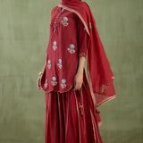 Dark Maroon Kurta Sharara Set With Gold Lace Work Bottom