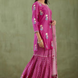 Dark Pink Floral Foil Printed Beautiful Cotton Silk Kurti Set With Gharara Pants