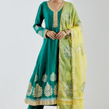 Dark Green Anarkali Set With Gold Lace Work