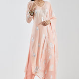 Printed Peach Kurti Set With Silver Floral Design