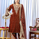 Rust Brown Velvet Embroidered Kurti Set