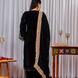 Black Velvet Embroidered Kurti Set