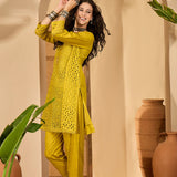 Mustard Green Cotton Hakoba Work Kurta Set