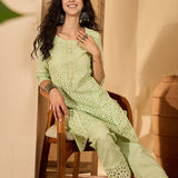 Light Green Cotton Hakoba Work Kurta Set
