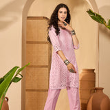 Light Rose Pink Cotton Hakoba Work Kurta Set
