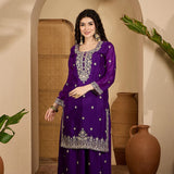Royal Purple Chinon Silk Embroidered Kurta Set