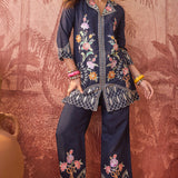 Navy Blue Floral Embroidered Polyester Co-Ord Set