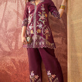 Dark Purple Floral Embroidered Polyester Co-Ord Set