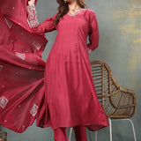 Maroon Chanderi Silk Kurta Set With Zari Work