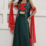 Dark Green Tafta Silk Lehnga Top And Dupatta Set