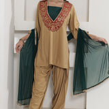 Tan Brown Chinnon Farshi Salwaar Suit Set