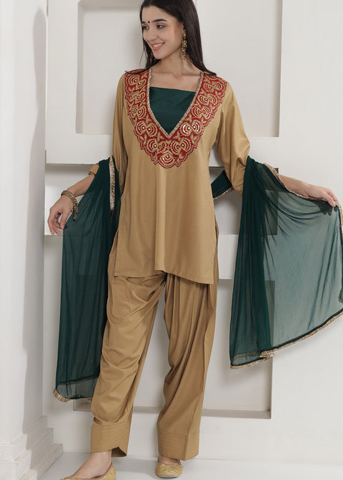 <img> Tan Brown Chinnon Farshi Salwaar Suit Set 