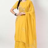 Solid Mustard Yellow Georgette Floral Embroidered Kurti Set