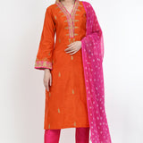 Tangerine Orange Art Silk Embroidered Kurti Set