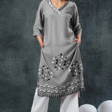 Gray Rayon Kurta Set With Leaf Embroidery