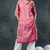Soft Pink Rayon Kurta Set With Leaf Embroidery