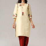 Cream Raw Silk Kurti With Pants And Dupatta