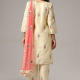 Cream Raw Silk Kurti With Pants And Netted Dupatta Set