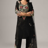 Black Raw Silk Kurti With Pants And  Dupatta