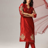 Maroon Raw Silk Kurti With Pants And Net Dupatta