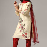 Cream Raw Silk Kurti With Contrast Pants And Netted Dupatta Set