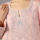 Pastel Pink Silk Organza Thread Work Kurti Set