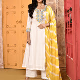 Ivory Neck Embroidered A-Line Kurta And Palazzo With Yellow Dupatta