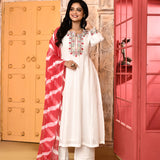 Ivory Neck Embroidered A-Line Kurta And Palazzo With Red Dupatta