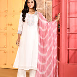 Ivory Neck Embroidered A-Line Kurta And Palazzo With Pink Dupatta