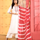 Ivory Neck Embroidered Kurta And Palazzo With Red Dupatta