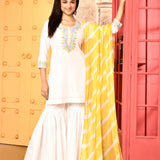 Ivory Neck Embroidered Kurta And Gharara With Yellow Dupatta