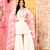 Ivory Neck Embroidered Kurta And Gharara With Pink Dupatta