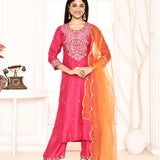 Pink Embroidered Straight Kurta And Palazzo With Orange Scalping Dupatta