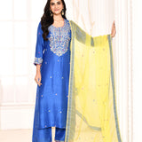 Blue Embroidered Straight Kurta And Palazzo With Yellow Scalping Dupatta
