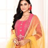 Rani Pink Embroidered Straight Kurta And Palazzo With Yellow Scalping Dupatta
