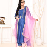 Dark Blue Embroidered Straight Kurta And Palazzo With Pink Scalping Dupatta