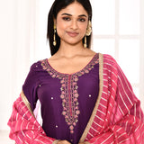 Violet Embroidered Straight Kurta And Palazzo With Pink Scalping Dupatta