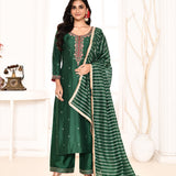 Dark Green Embroidered Straight Kurta And Palazzo With Dark Green Scalping Dupatta